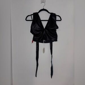 STAUD Kai Vegan Leather V-Neck Halter Top in Black